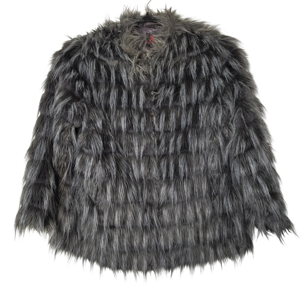 Adrienne Landau Faux Fur Jacket Womens 2X Grey Shaggy Tiered Glam Statement Coat